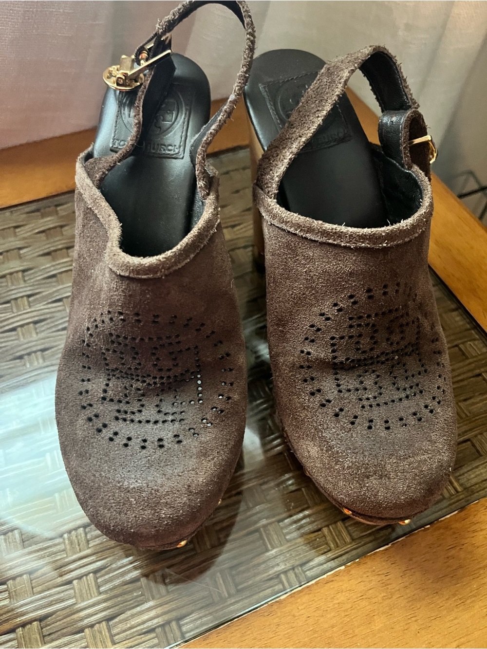 Tory Burch Brown Suede Perforated Logo Slingback Clogs